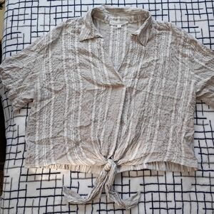 Jane + Delancy Size Small Beige Striped Tie-Front Blouse
